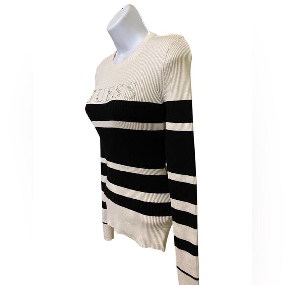 Guess Slim Fit Ribbed Knit Top Crew Neck Black Ivory Strip Bling Logo Y2K SZ SM - Picture 3 of 9